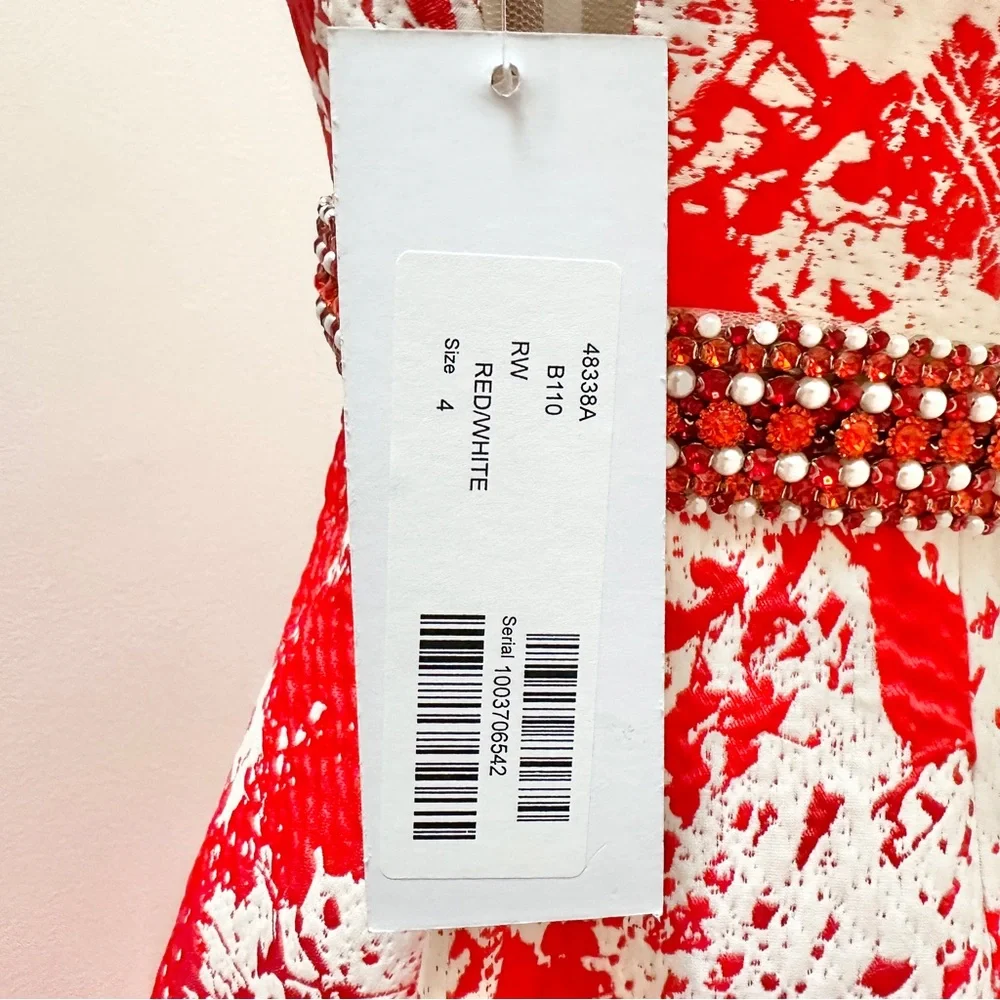 JOVANI Red and White Print Backless A-Line Evening Gown - Picture 15 of 16